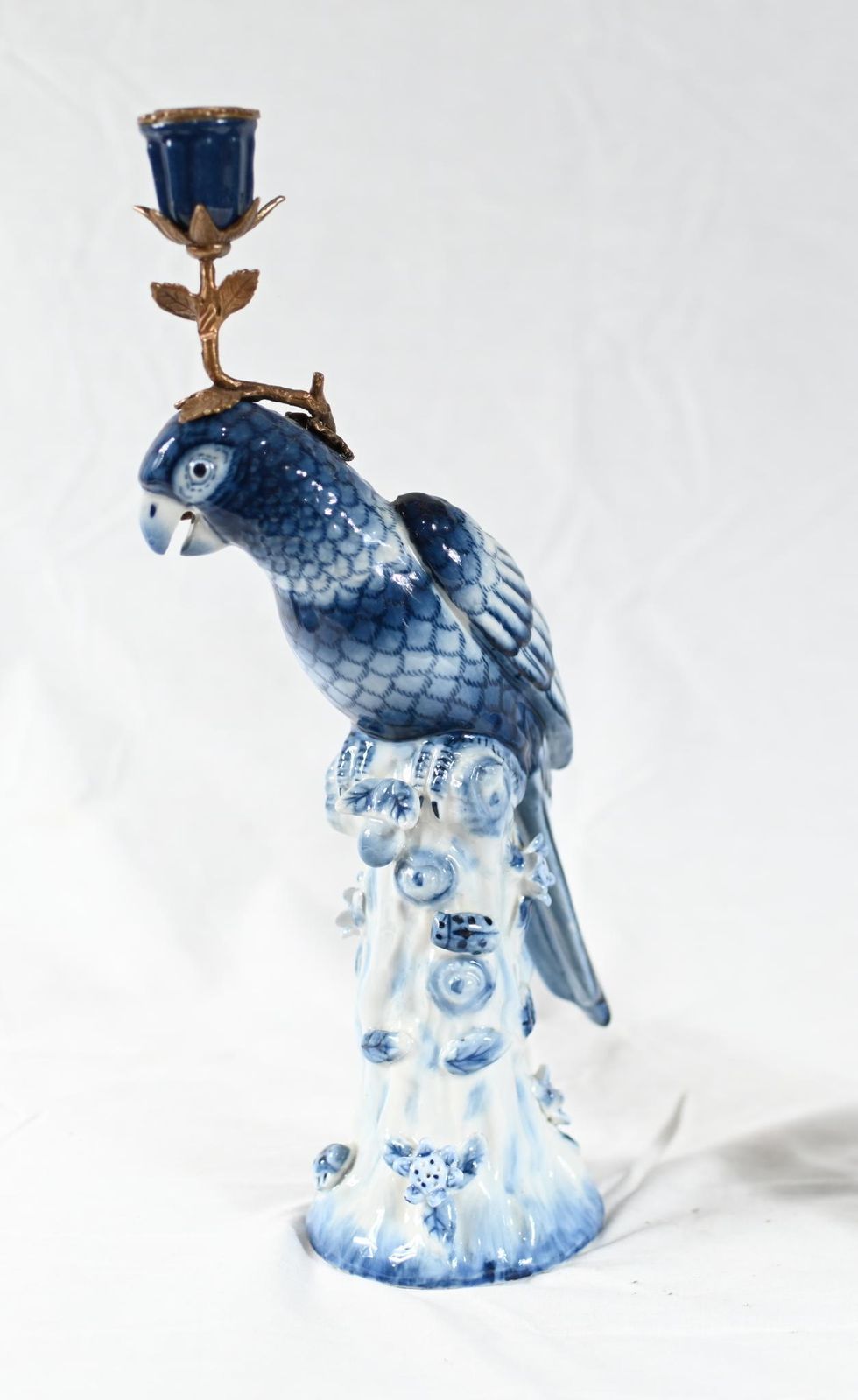French Porcelain Parrot Candlesticks Blue And White Gilt Mounts photo 445.0