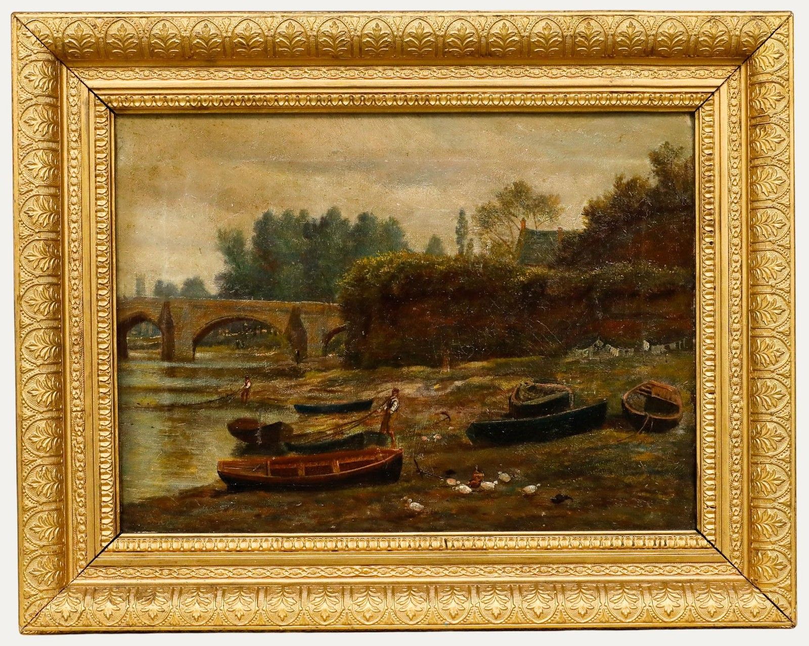 Framed Late 19th Century Oil Hauling In The Nets At Handbridge