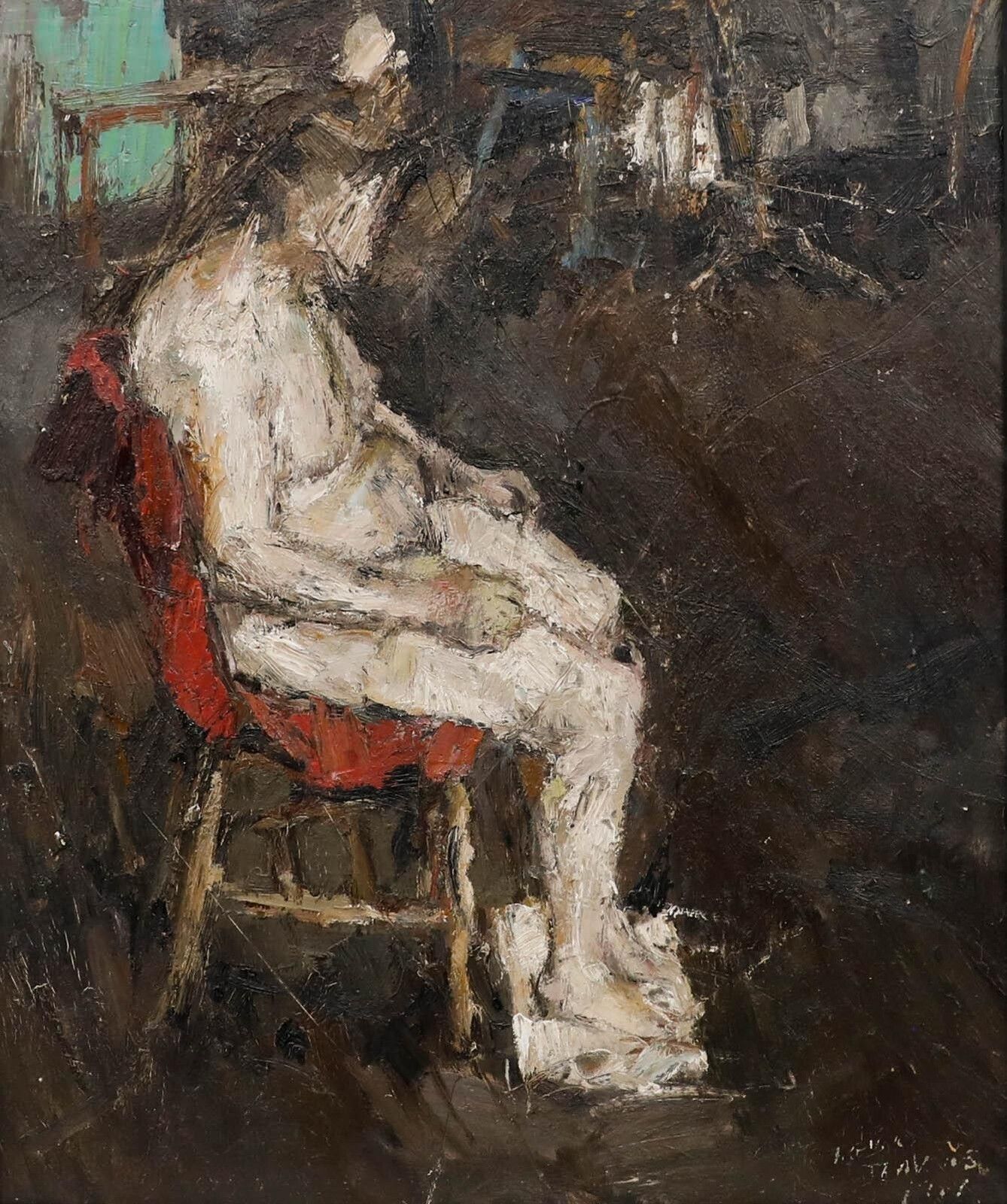 Trevor Jeavons 20th Century Oil, Seated Nude photo furniture