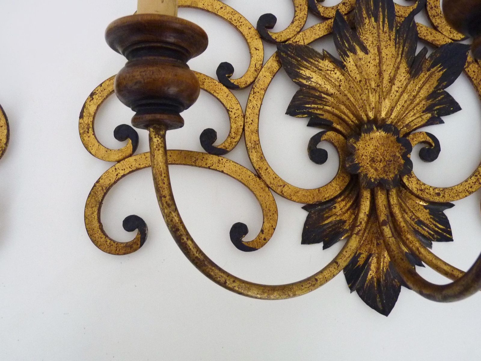 Large Pair Of Italian Three Light Wall Sconces In Gilt Wrought Iron. 1950s photo buy