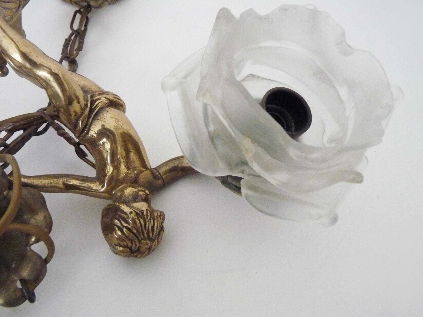 Stunning 3 Light Cherub Chandelier With Rose Shaped Tulip Shades. 1960s photo vintage