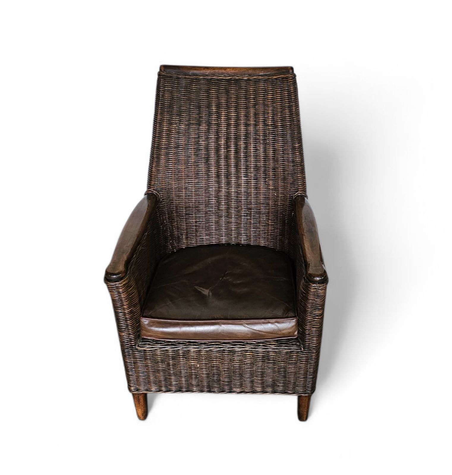 photo vintage Rattan Arm Chair 1960s / Wooden Armrests / Leather Seat