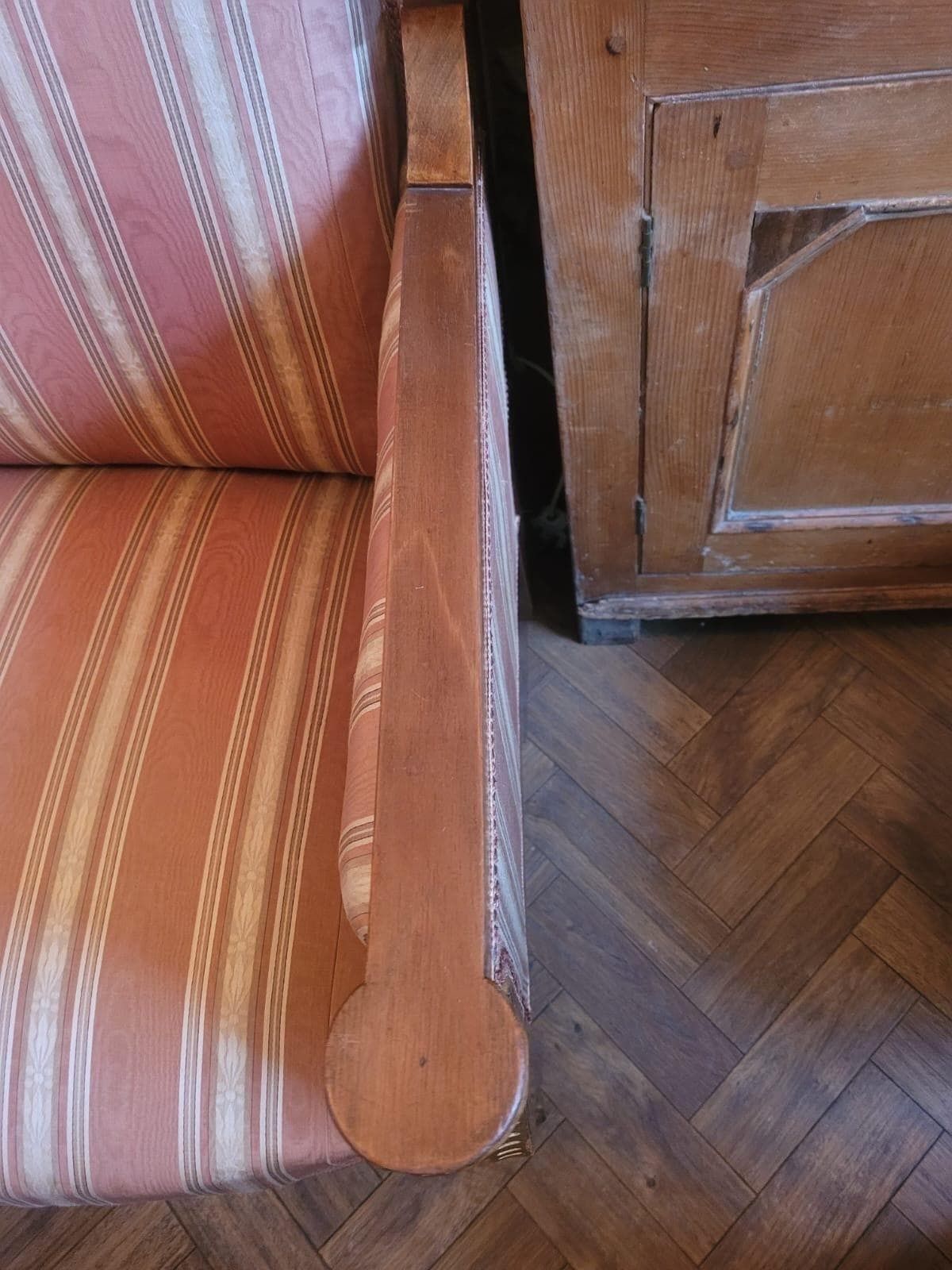 Vintage Egyptian Style 3 Seater Sofa In Candy Stripe Upholstery, Carved Detailing With Gold Embellishments photo vintage