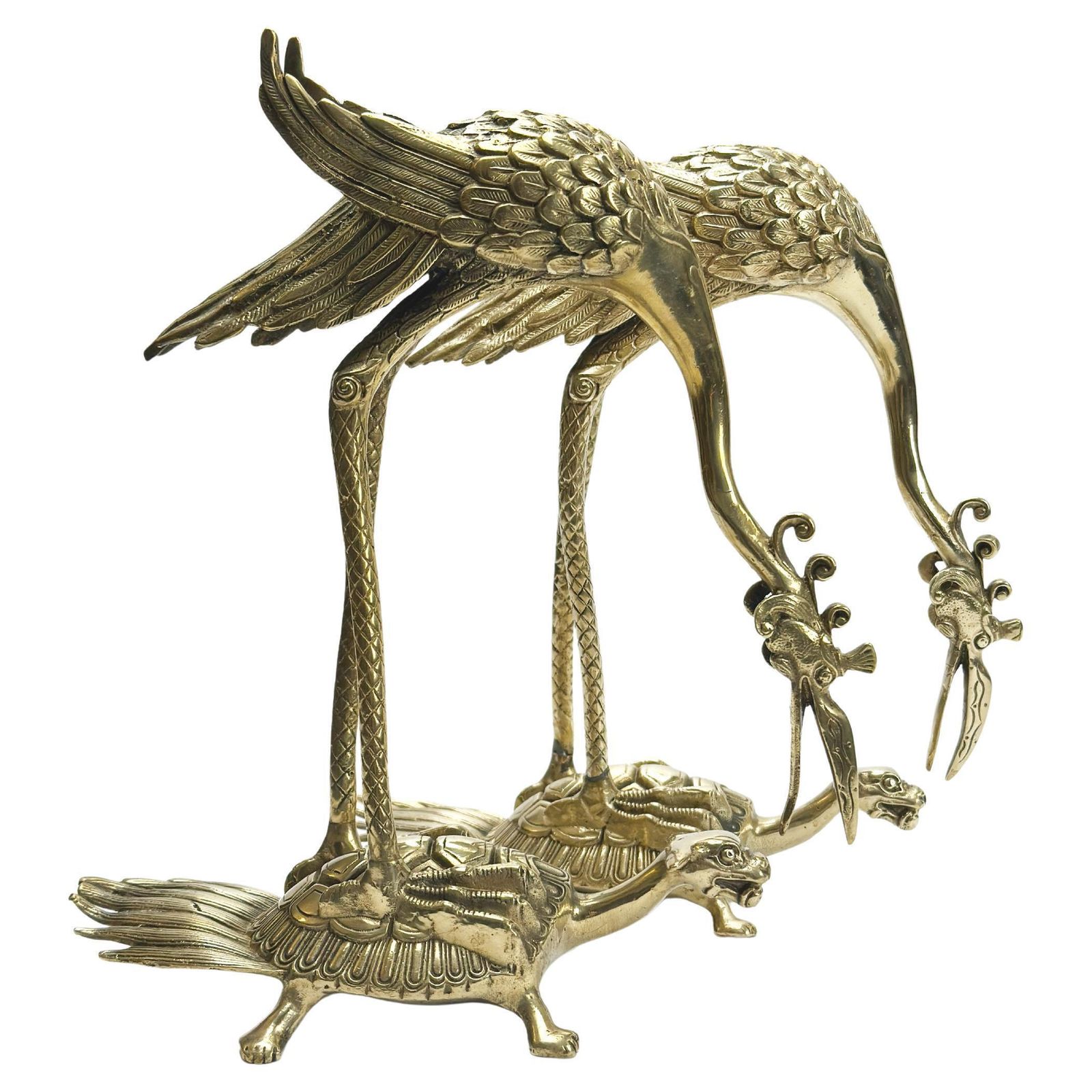 Brass Crane And Turtle Sculptures, Japanese Mid Century Pair, 1950s