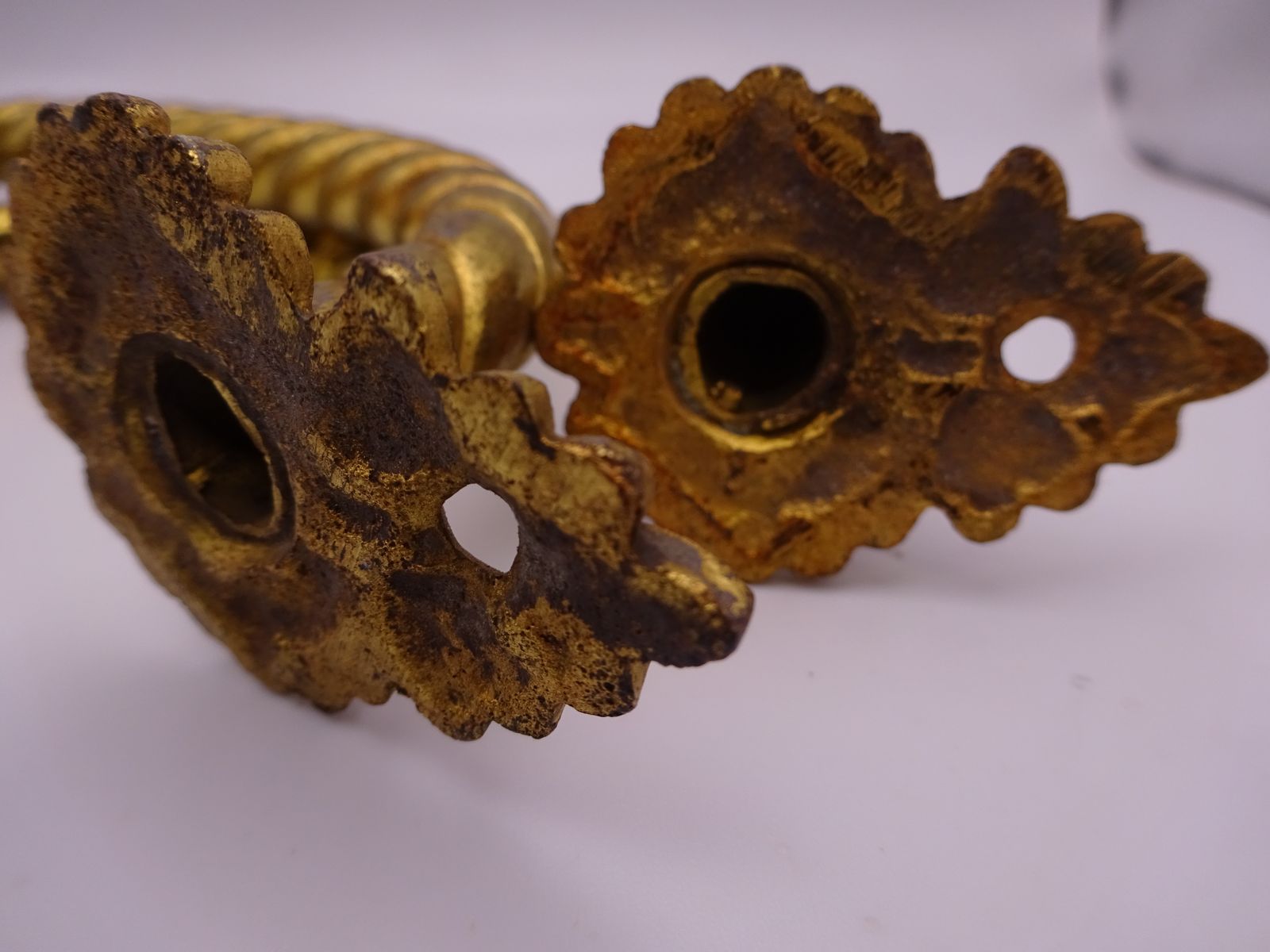 75.0 Pair Of Reclaimed Antique Brass Door Pulls, Rope Twist Handle And Leaf Backplate photo