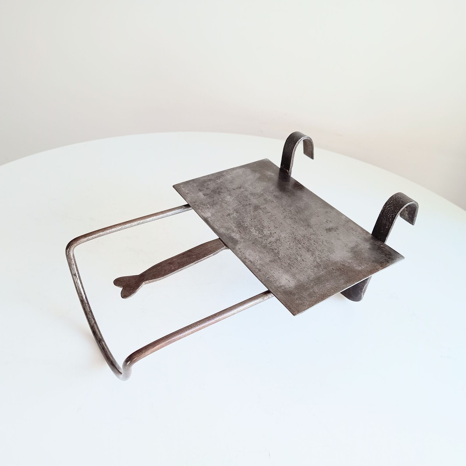 photo buy Arts & Crafts Cotswolds Hand Forged Riveted Hearth Trivet Cooking Stand, Sliding Plate Heart Shaped Finial