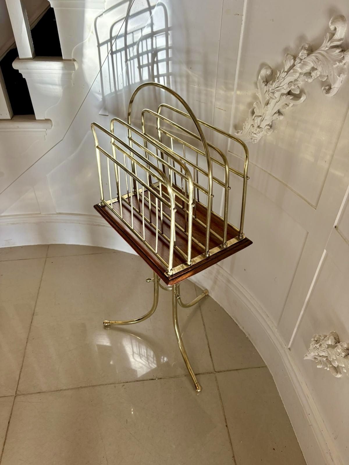 Antique 19th Century Quality Brass And Oak Magazine Stand photo Home Decor