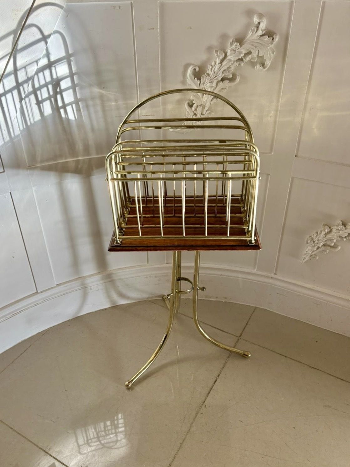 Antique 19th Century Quality Brass And Oak Magazine Stand