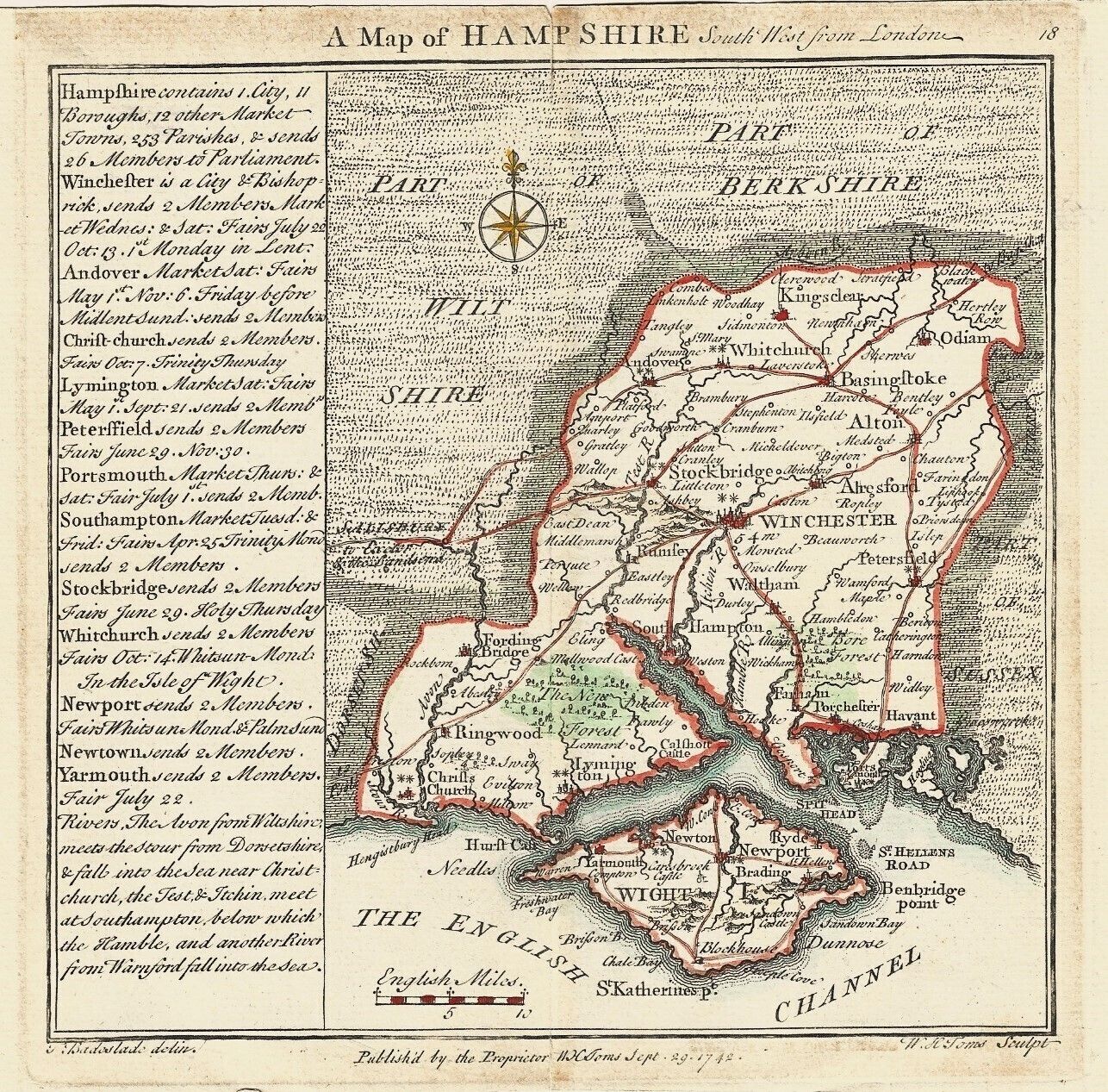 Antique Original 18th Century Hand Coloured Map Of Hampshire By Thomas Badeslade & William Henry Toms … September 29 1742