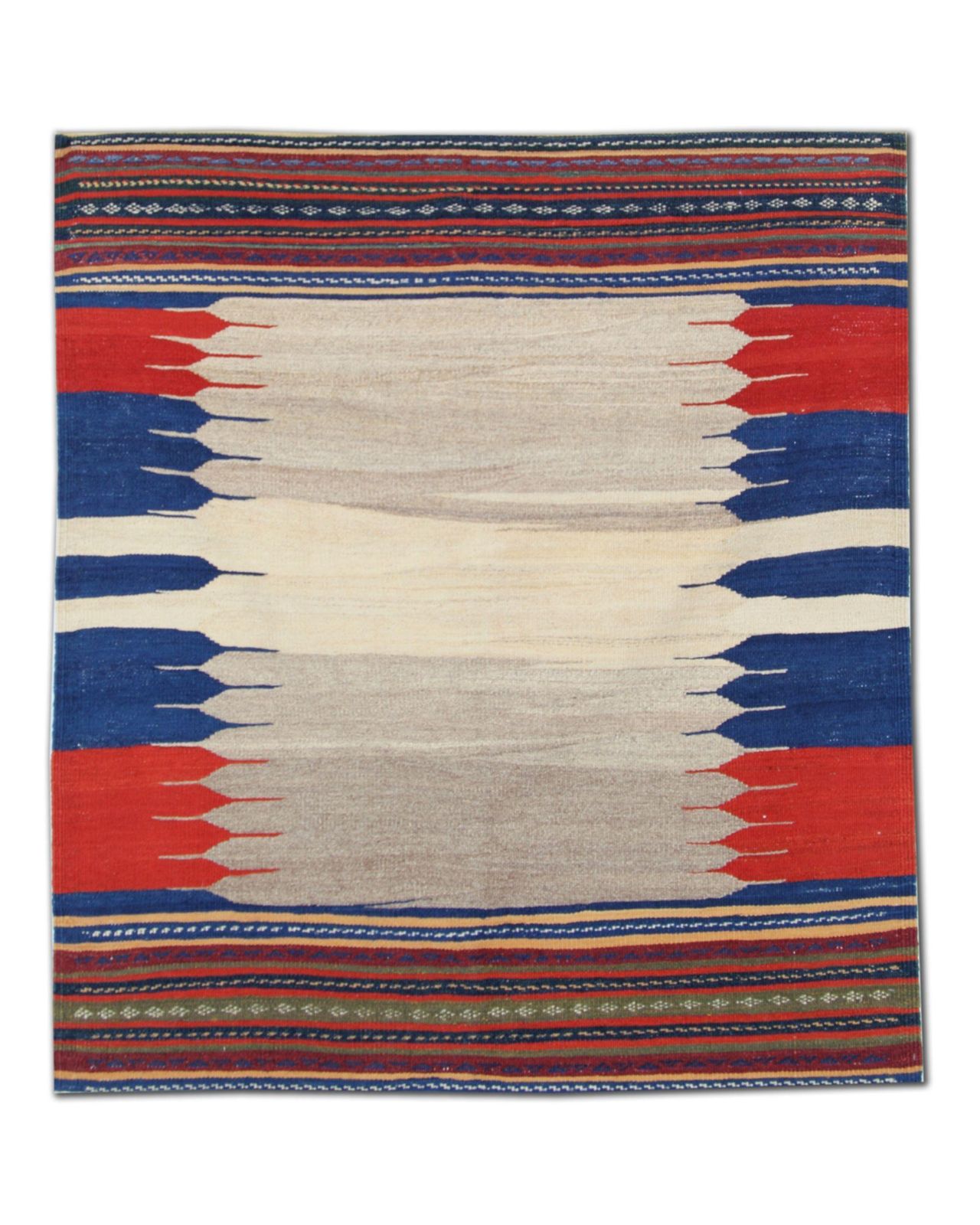 Vintage 1940s Kilim Sofreh Rug, Beige Blue Red Tribal Wool Flatweave 128x116cm