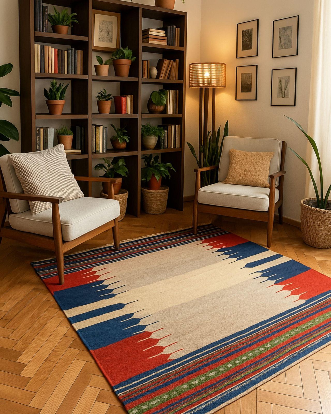 photo furniture Vintage 1940s Kilim Sofreh Rug, Beige Blue Red Tribal Wool Flatweave 128x116cm