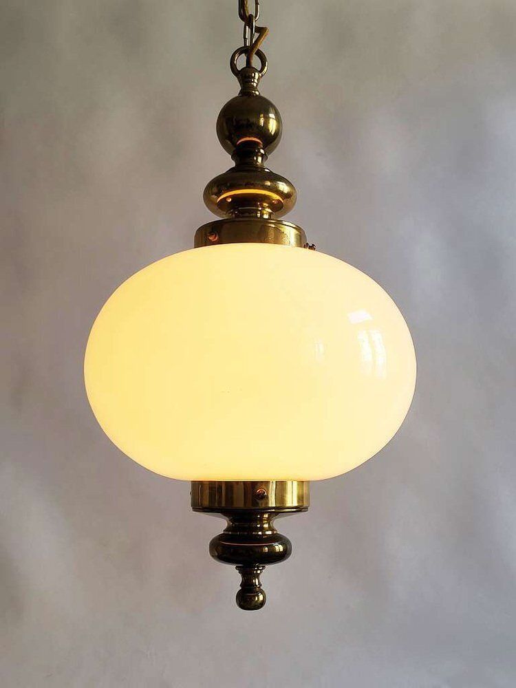 Mid Century Opaline Glass & Brass Ceiling Light In The Style Of Luigi Caccia Dominioni, 1950s photo for sale