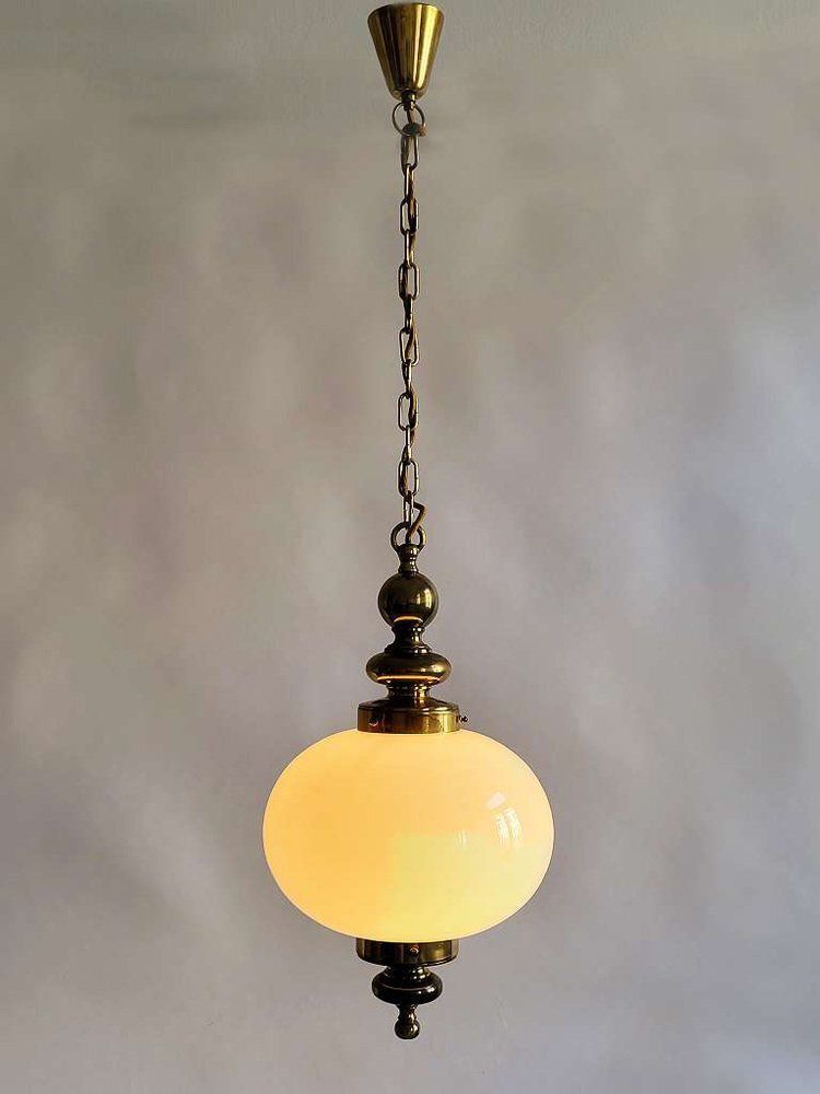 Mid Century Opaline Glass & Brass Ceiling Light In The Style Of Luigi Caccia Dominioni, 1950s photo Lighting