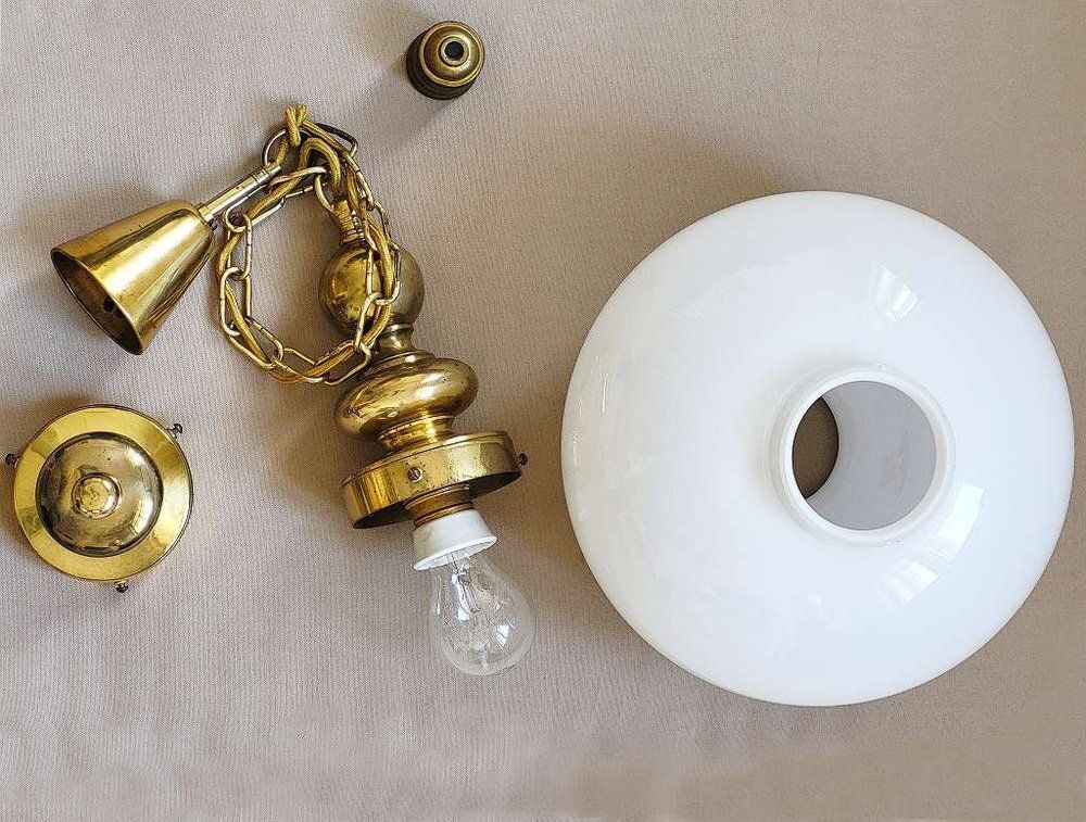 photo for sale Mid Century Opaline Glass & Brass Ceiling Light In The Style Of Luigi Caccia Dominioni, 1950s