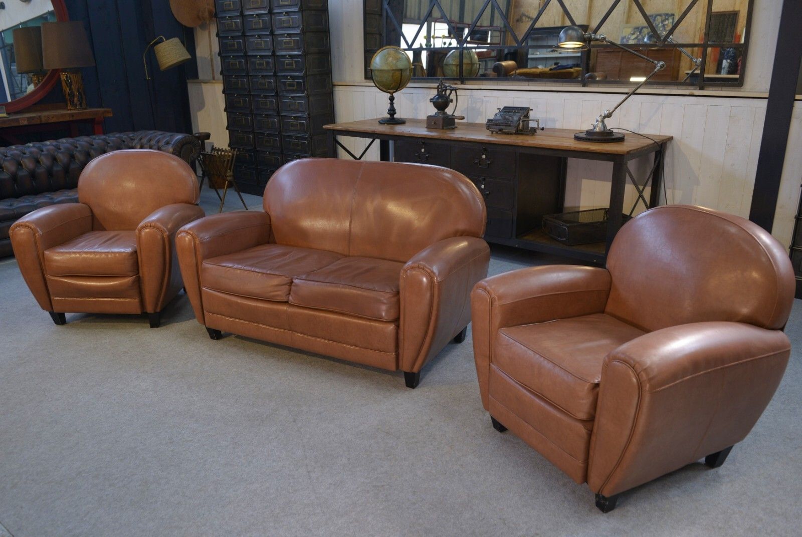 1980's Camel Faux Leather Club Sofa Set 2 Seater And 2 Armchairs photo furniture