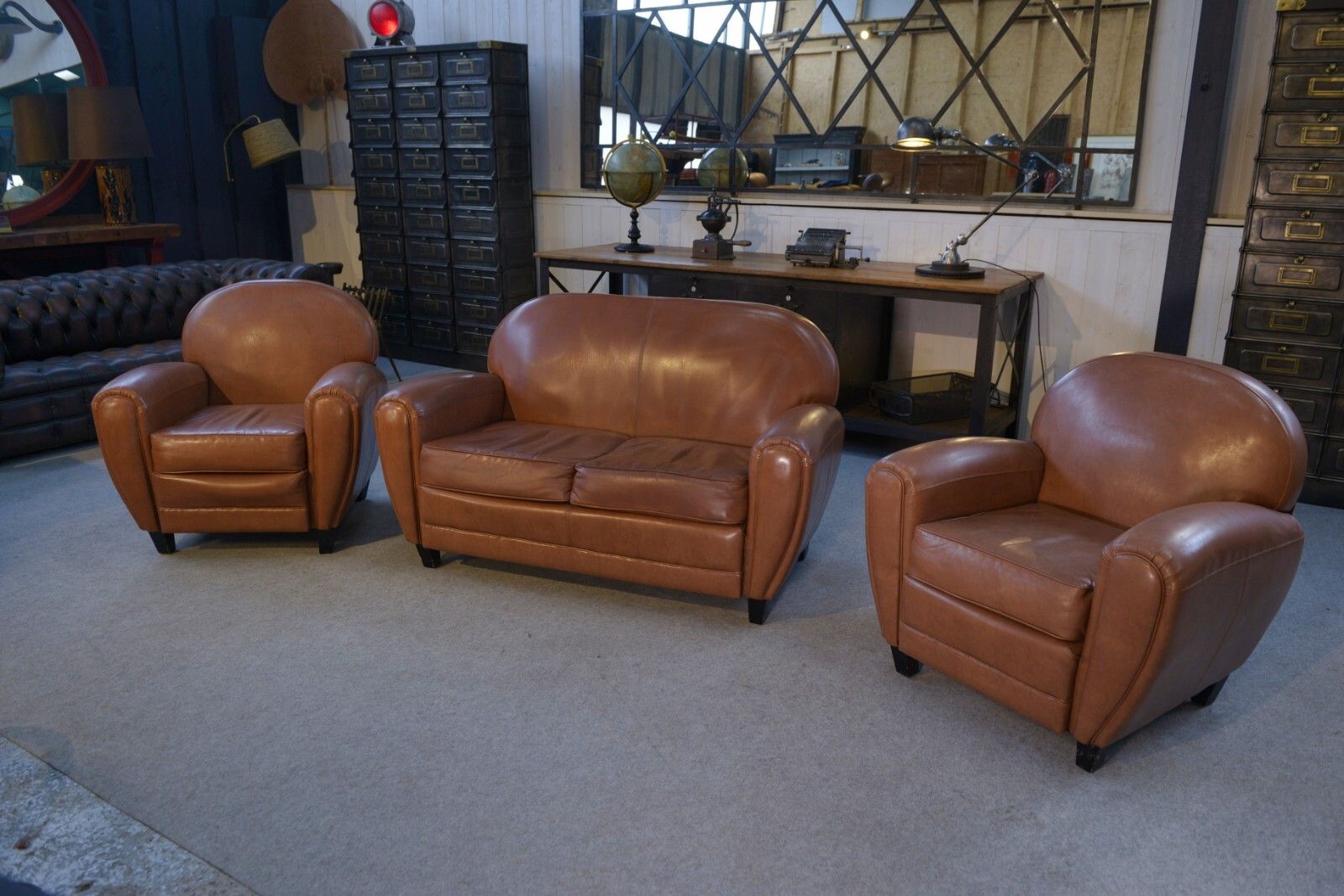 1980's Camel Faux Leather Club Sofa Set 2 Seater And 2 Armchairs photo vinterior