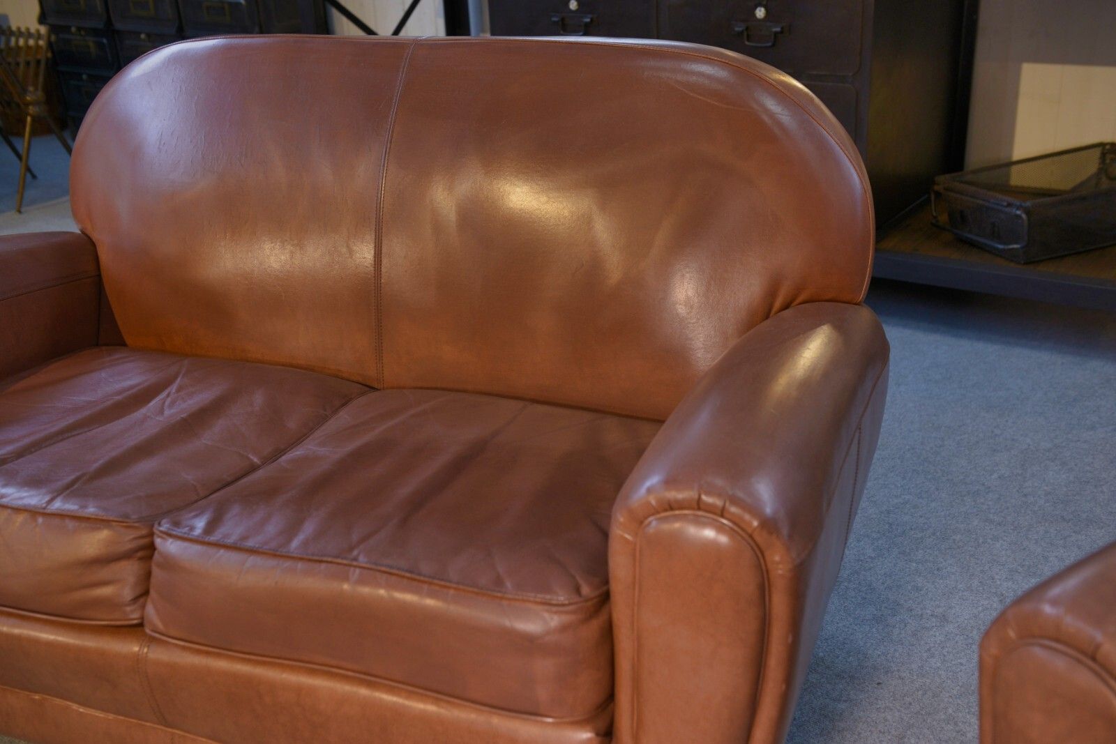 1980's Camel Faux Leather Club Sofa Set 2 Seater And 2 Armchairs photo buy
