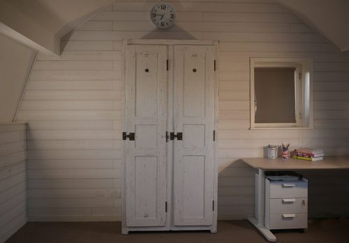 1950's Antique White Patina Wooden Wardrobe 2 Door