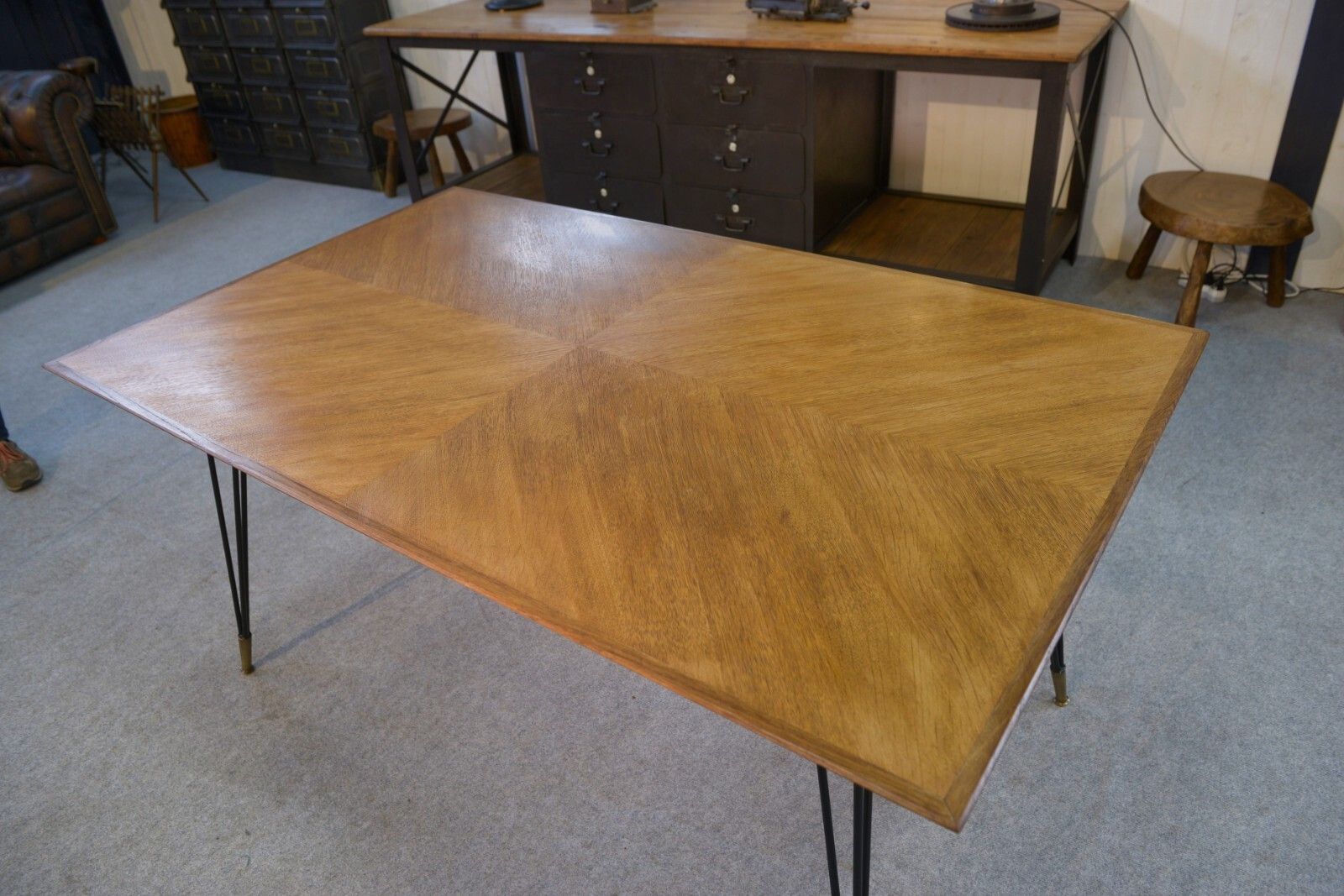 photo for sale 1960's Italian Design Cast Iron Bronze Oak Table And Stand