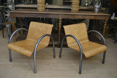 Pair Of Vintage Design Armchairs Metal And Wood 1950