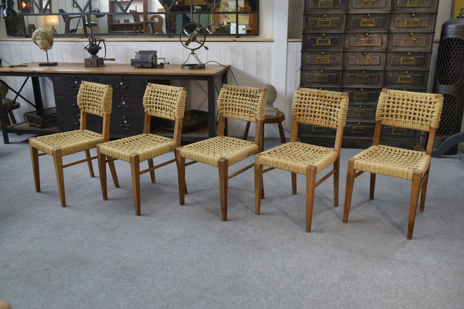 Set Of 6 Woven Rope Chairs By Adrien Audoux & Frida Minet 1940's photo vinterior