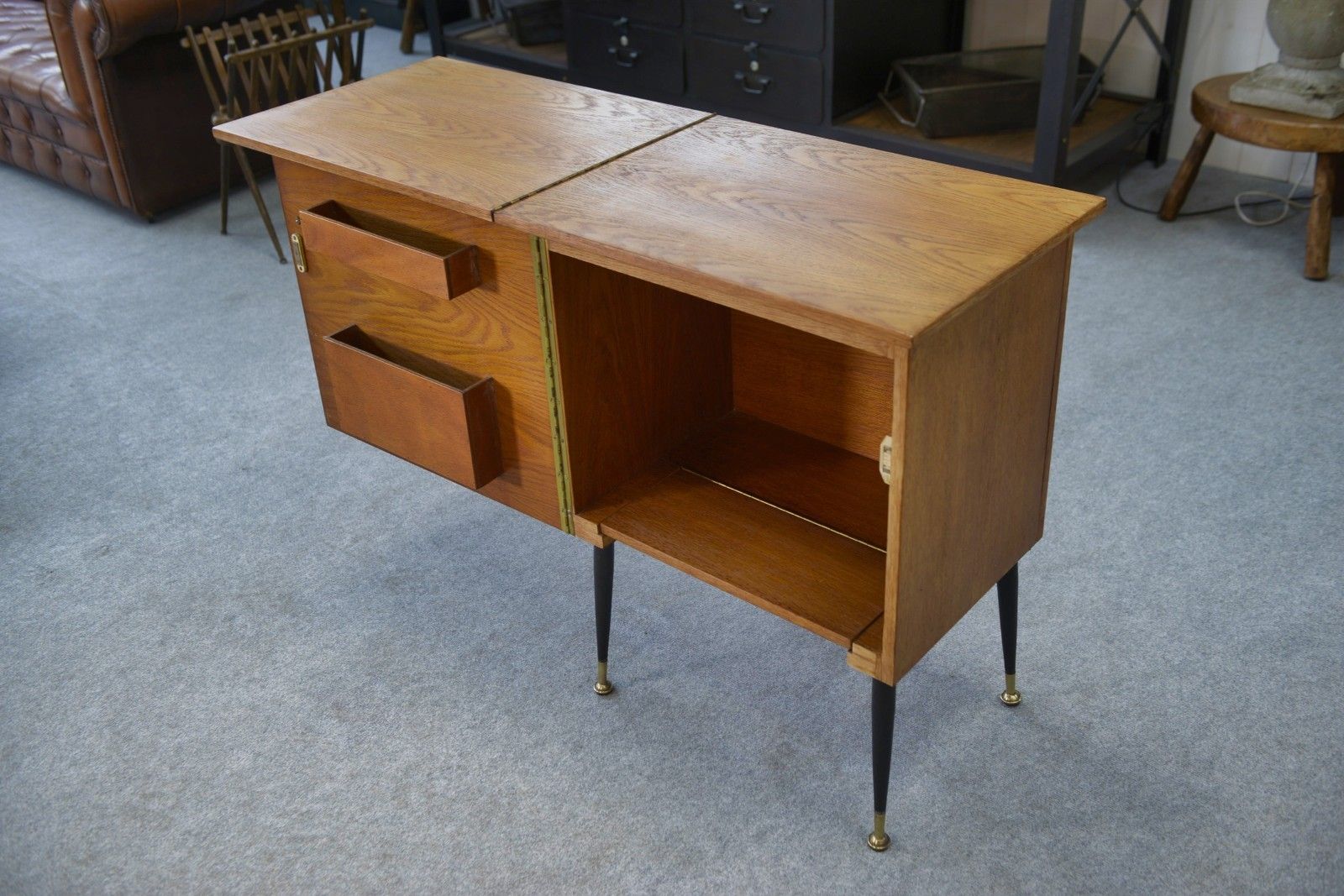 photo furniture 1960's Office, Steel, Brass And Oak Folding Side Cabinet