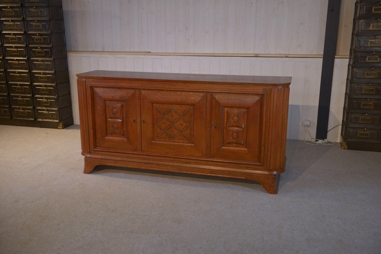 1950's Solid Oak 3 Door Sideboard Curved Feet photo Furniture