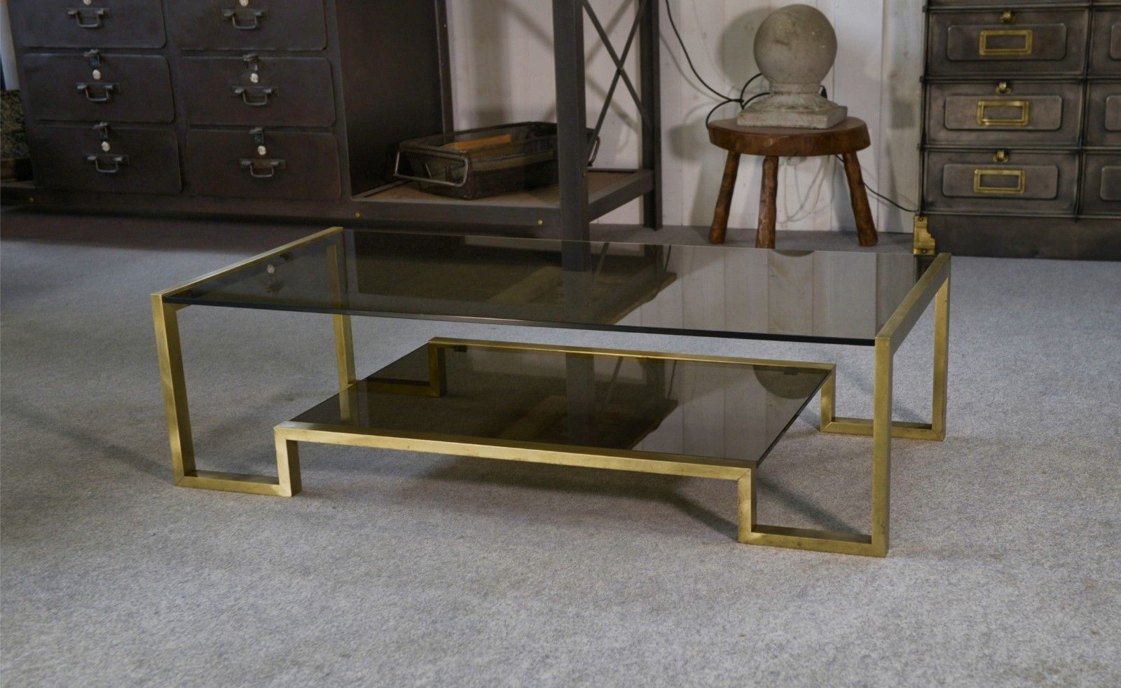 1970's Black Brass And Smoked Glass Structure Design Coffee Table