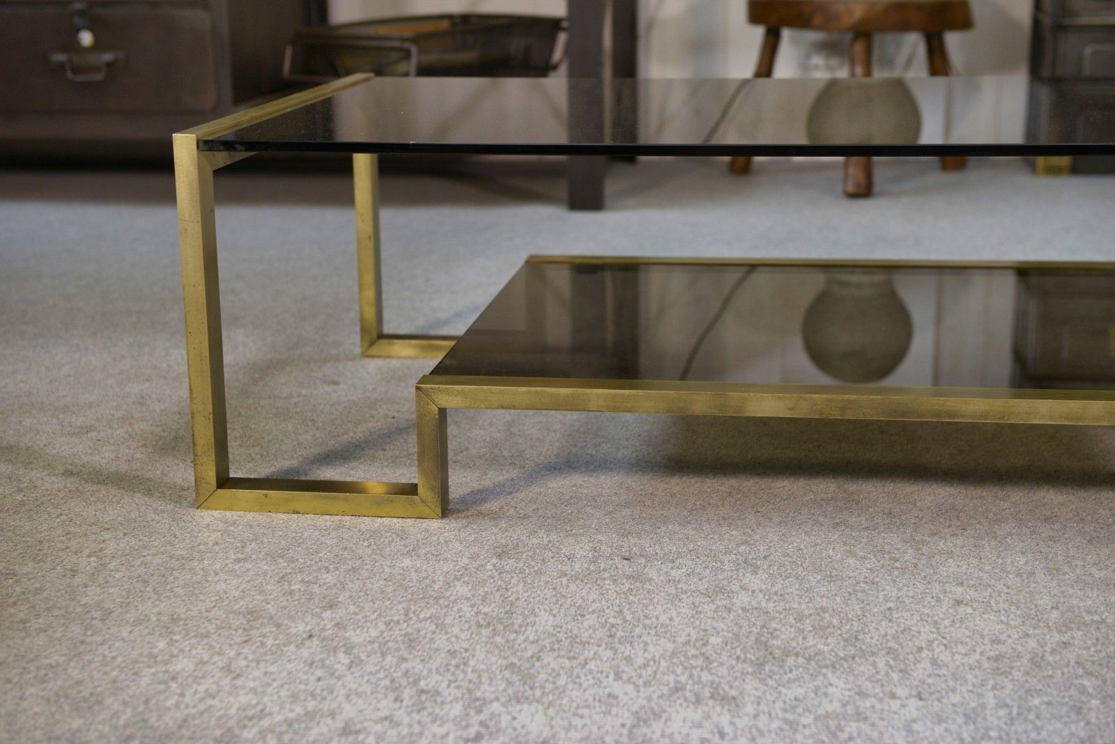 1970's Black Brass And Smoked Glass Structure Design Coffee Table photo buy