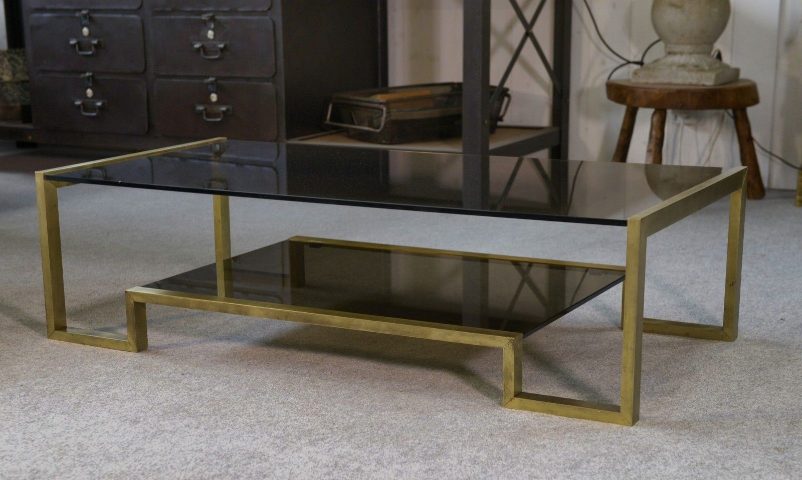 1970's Black Brass And Smoked Glass Structure Design Coffee Table photo vintage