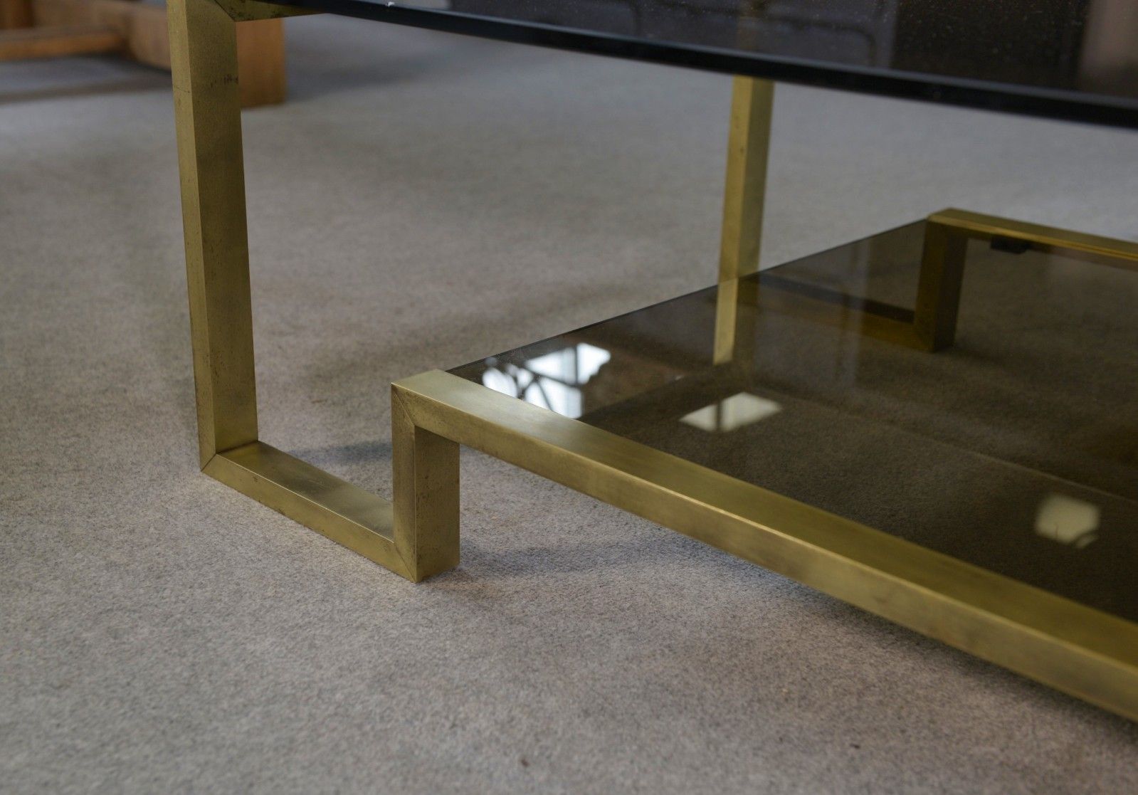 Furniture 1970's Black Brass And Smoked Glass Structure Design Coffee Table photo