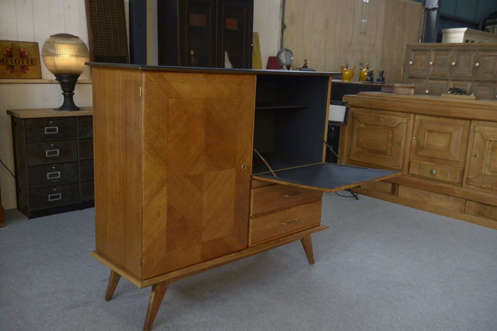 Oak Secretary Sideboard With Leather Top And Compass Feet 1960's photo 1048.0
