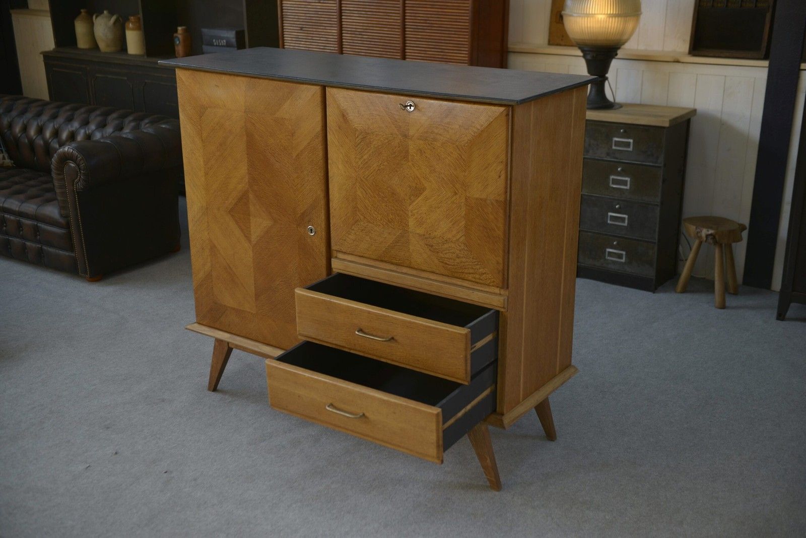 Oak Secretary Sideboard With Leather Top And Compass Feet 1960's photo buy