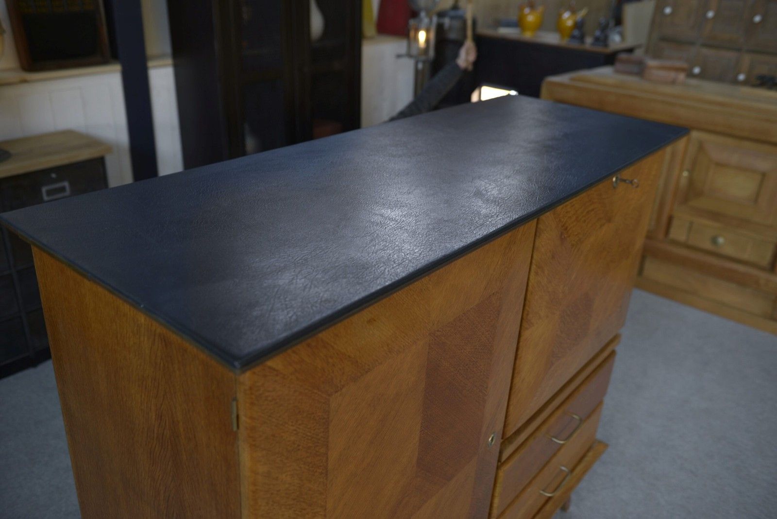 photo furniture Oak Secretary Sideboard With Leather Top And Compass Feet 1960's