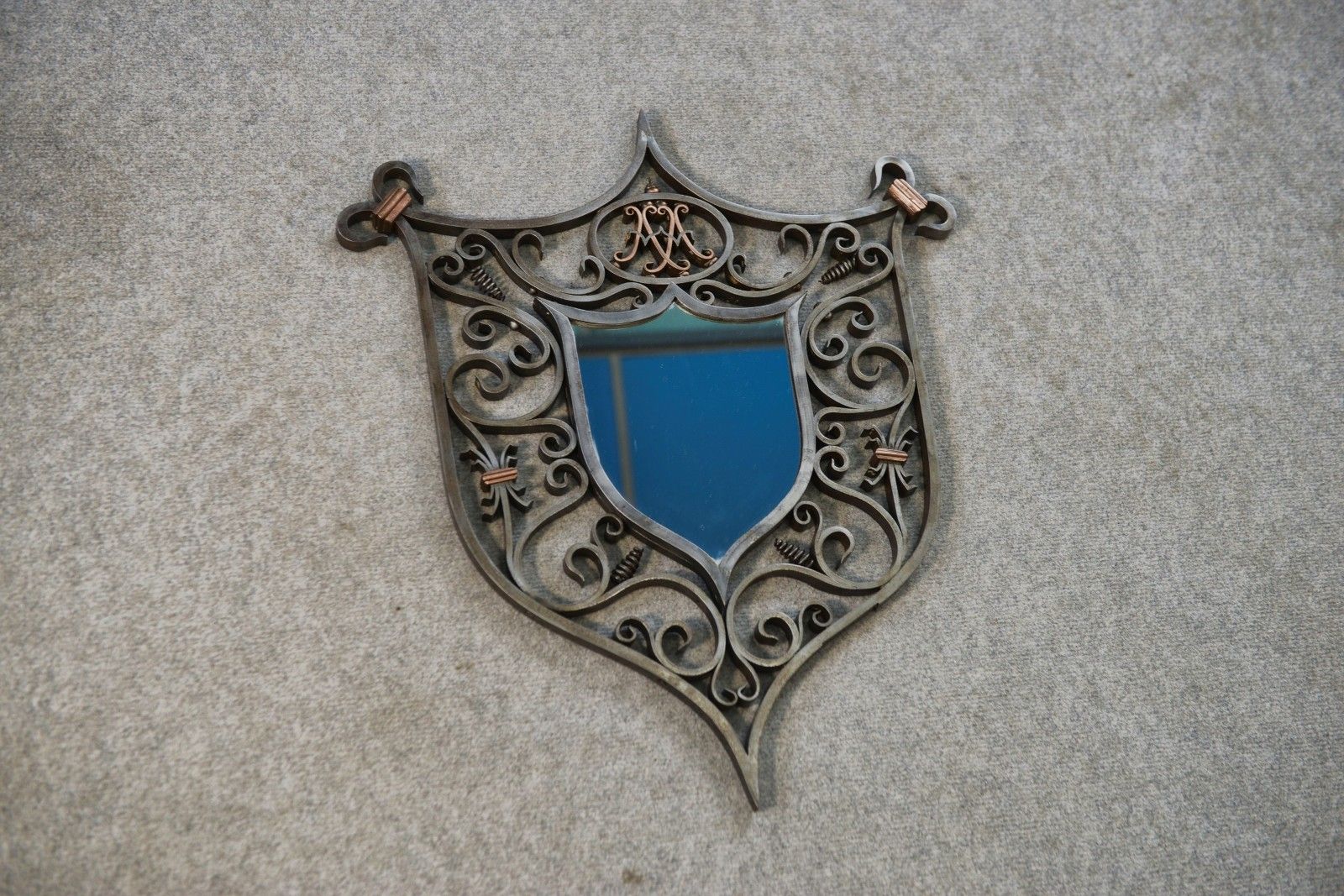 Antique Wrought Iron And Copper Turned Mirror Coat Of Arms Base 19th Century photo 499.0