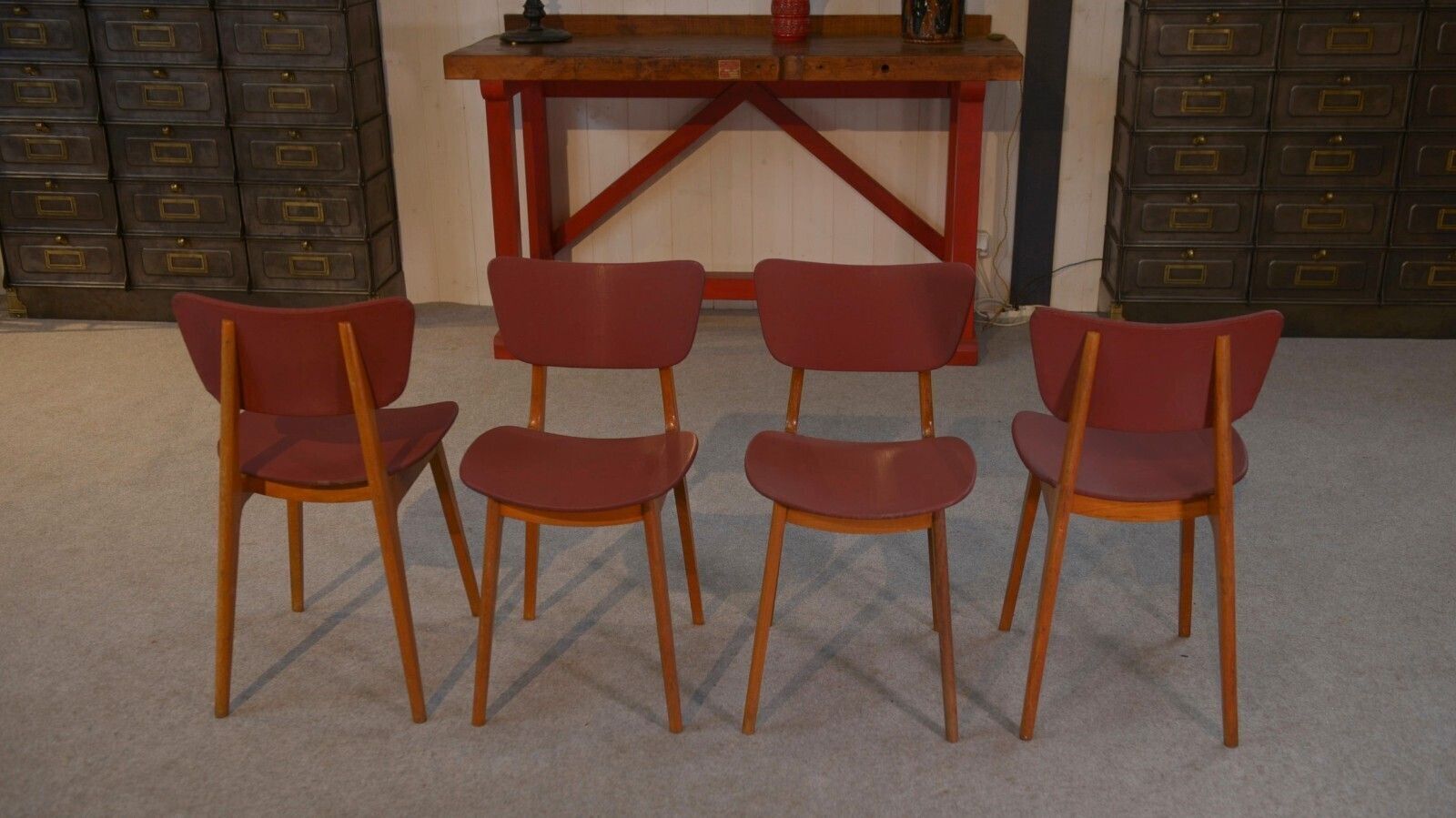 1960's Burgundy Oak And Skai Design 4 Chairs Set photo for sale