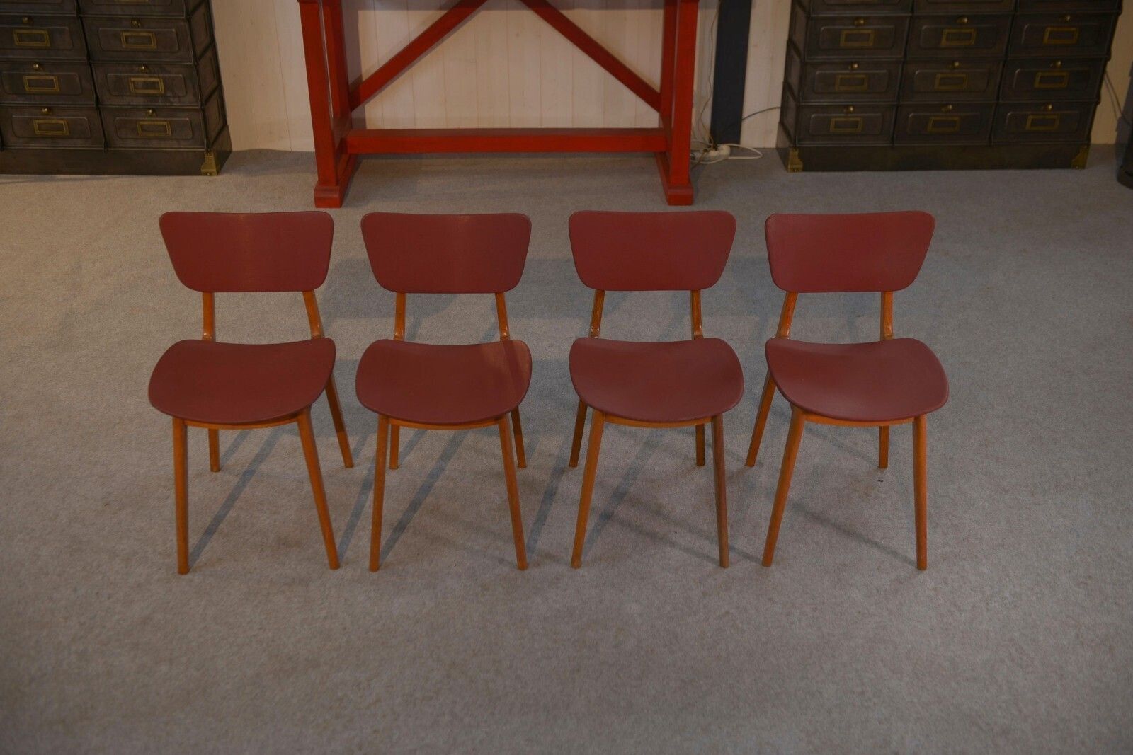 1960's Burgundy Oak And Skai Design 4 Chairs Set photo vinterior