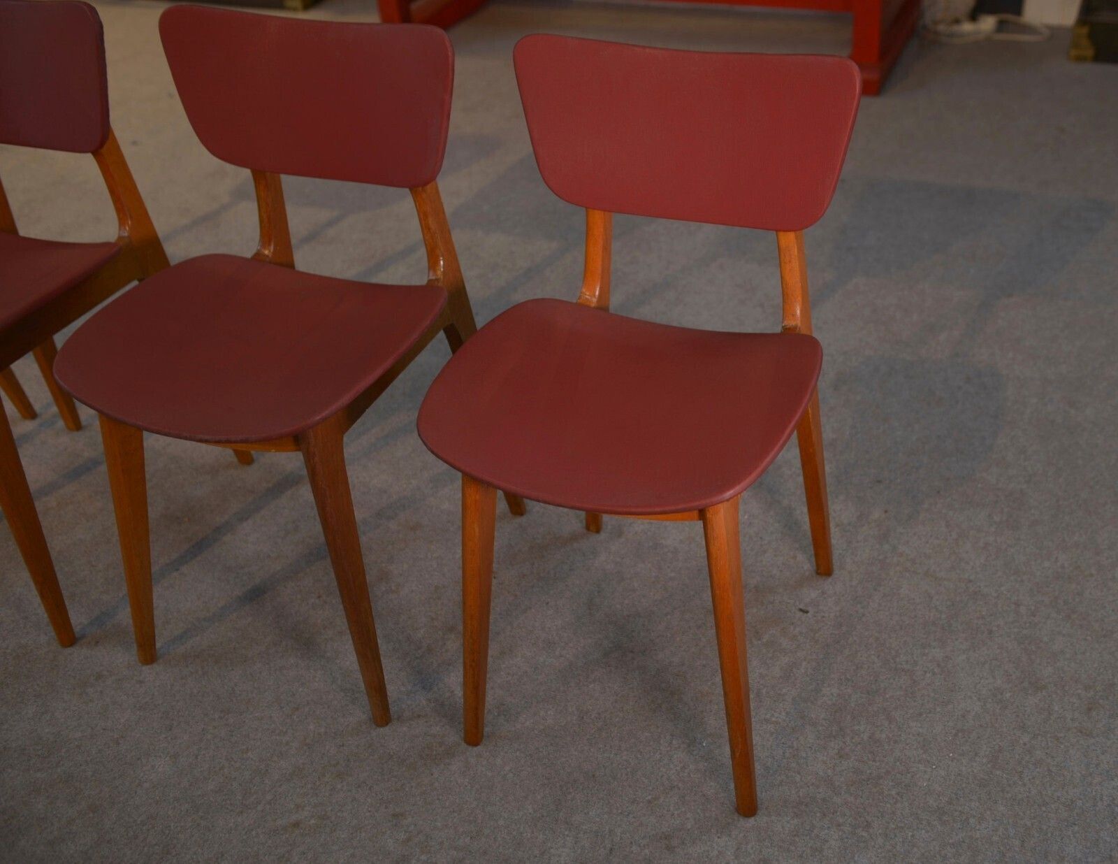 1960's Burgundy Oak And Skai Design 4 Chairs Set photo buy