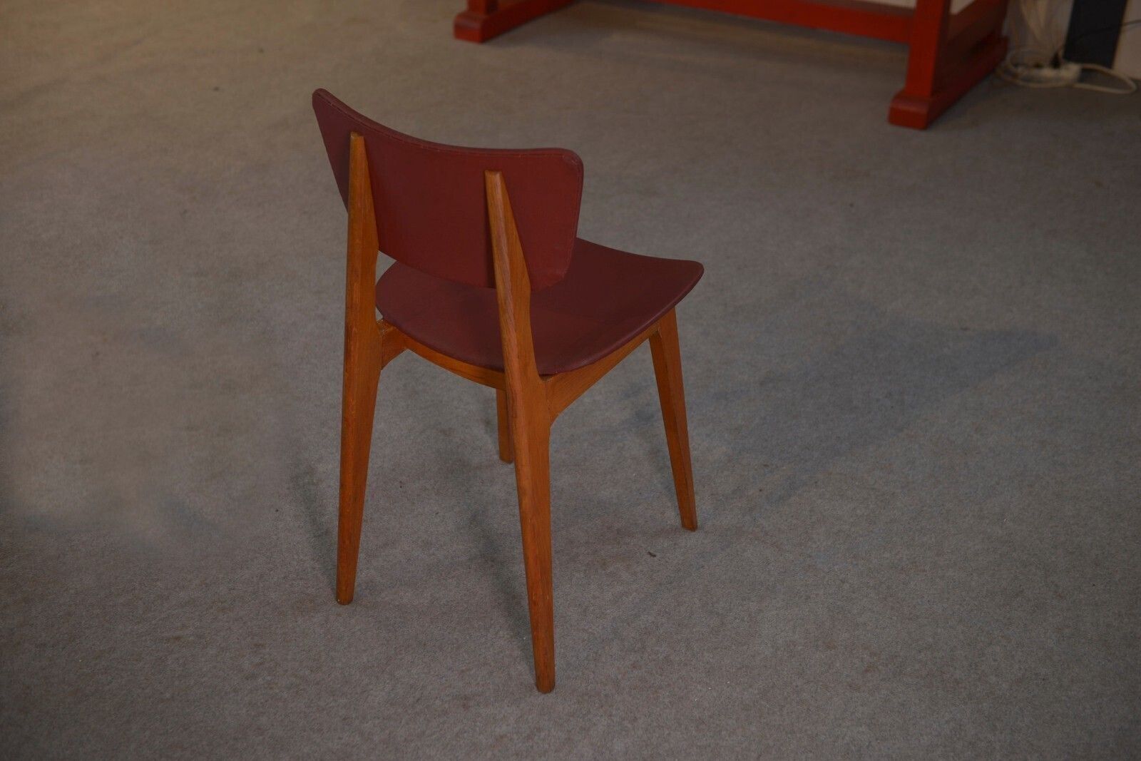photo for sale 1960's Burgundy Oak And Skai Design 4 Chairs Set