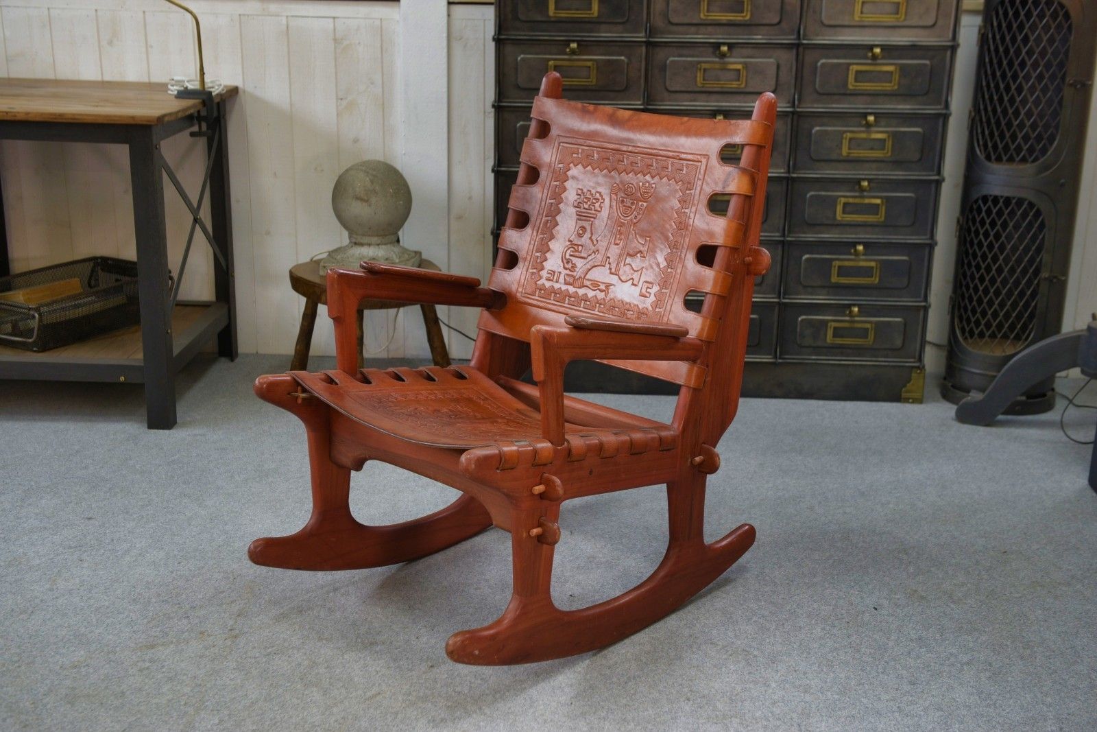 1960's Red Wood And Leather Armchair By Angel Pazmino photo vintage