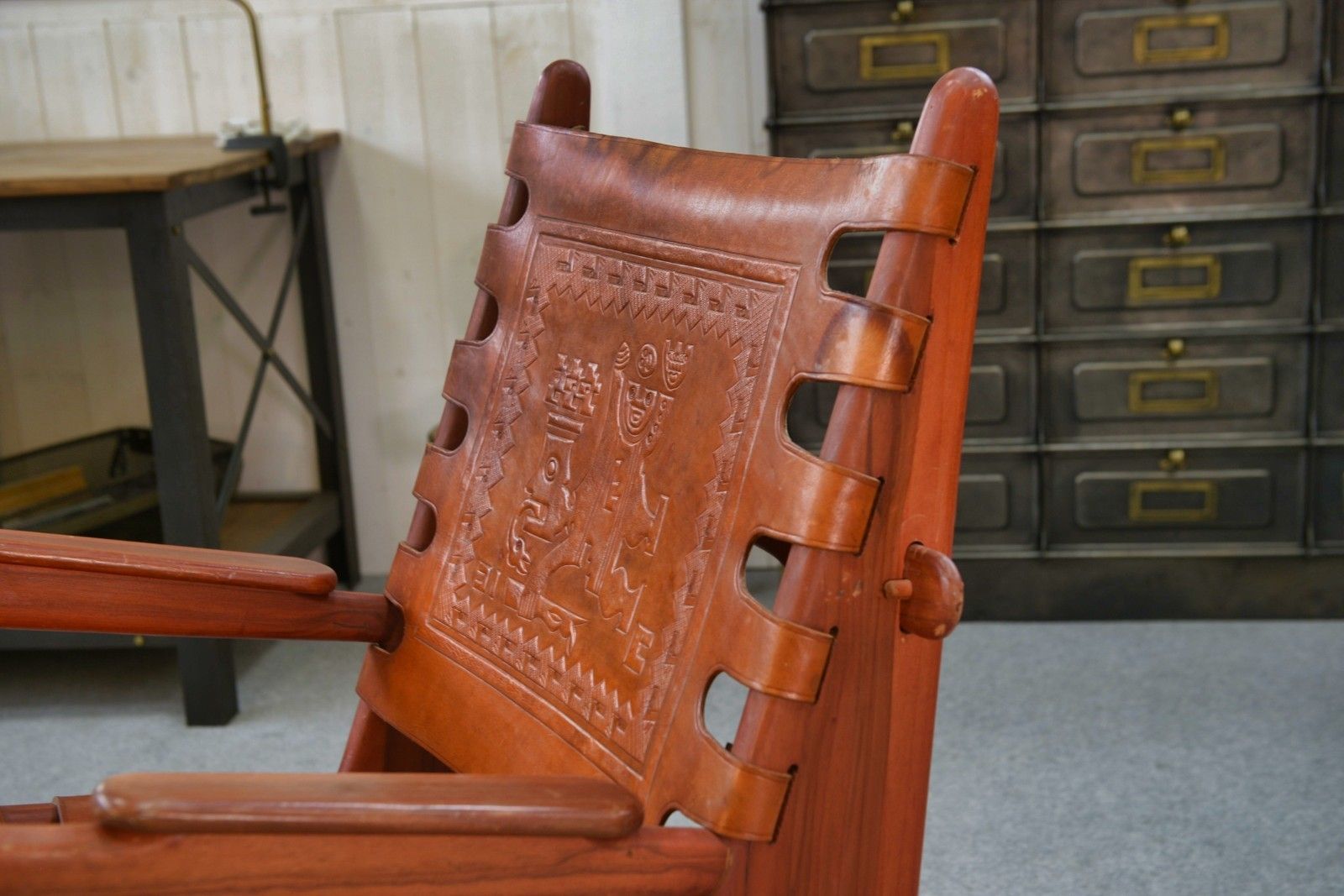 photo furniture 1960's Red Wood And Leather Armchair By Angel Pazmino