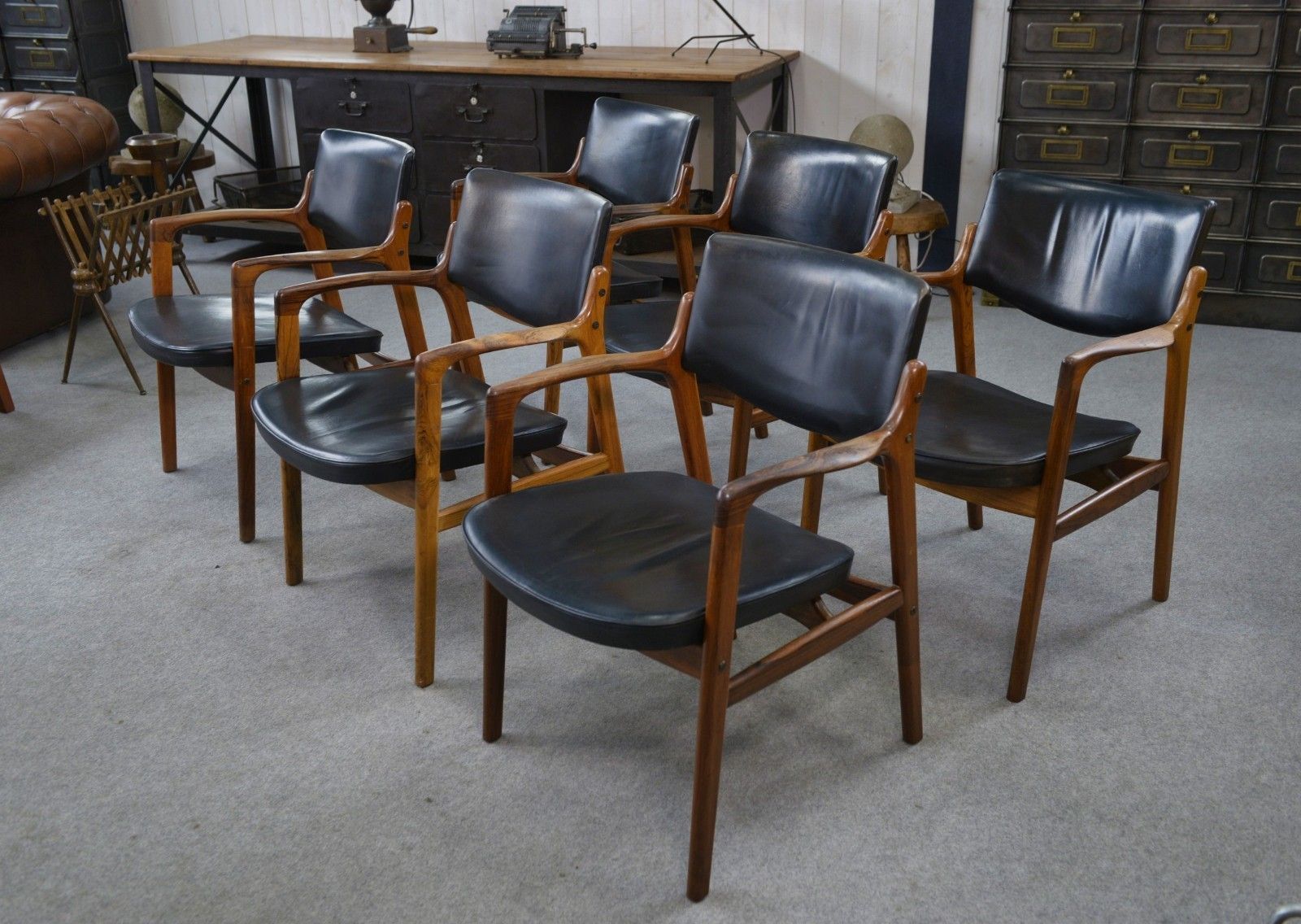 Set Of 6 Scandinavian Leather And Rosewood Armchairs By Gondo Gravesen photo Furniture