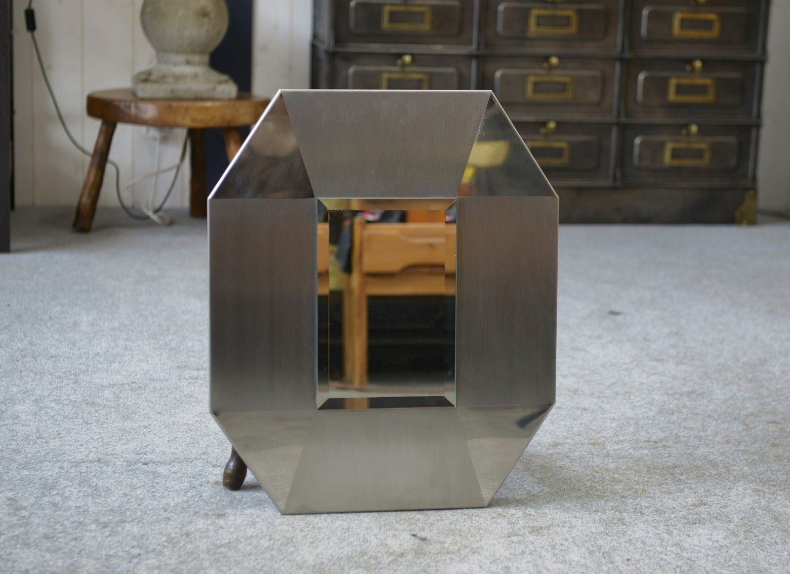 Brushed And Chrome Stainless Steel Design Mirror, Beveled Glass 1970's photo buy