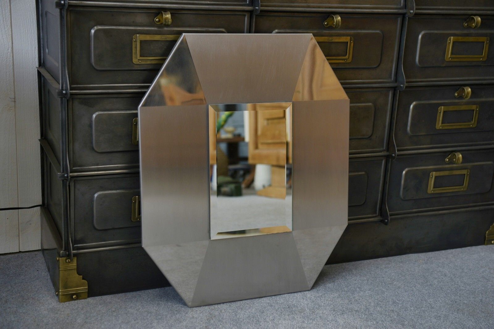 photo furniture Brushed And Chrome Stainless Steel Design Mirror, Beveled Glass 1970's