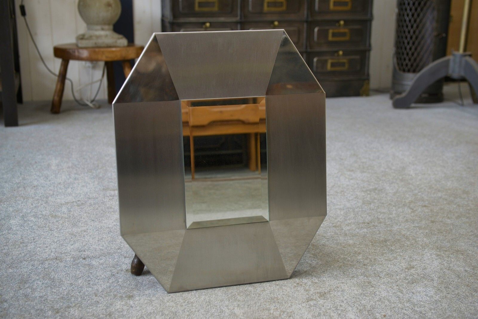 Home Decor Brushed And Chrome Stainless Steel Design Mirror, Beveled Glass 1970's photo