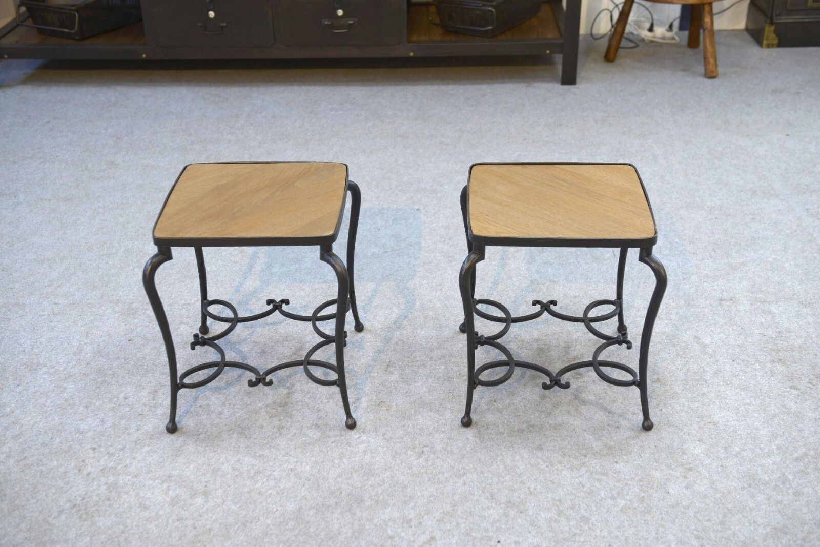 Pair Of Wrought Iron Side Tables And Oak Top French Work photo 683.0