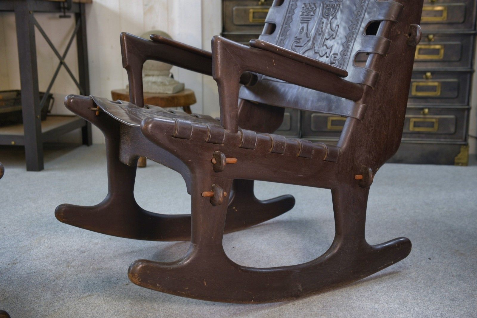 1960's Brown Wood And Leather Ottoman Armchair By Angel Pazmino photo vintage