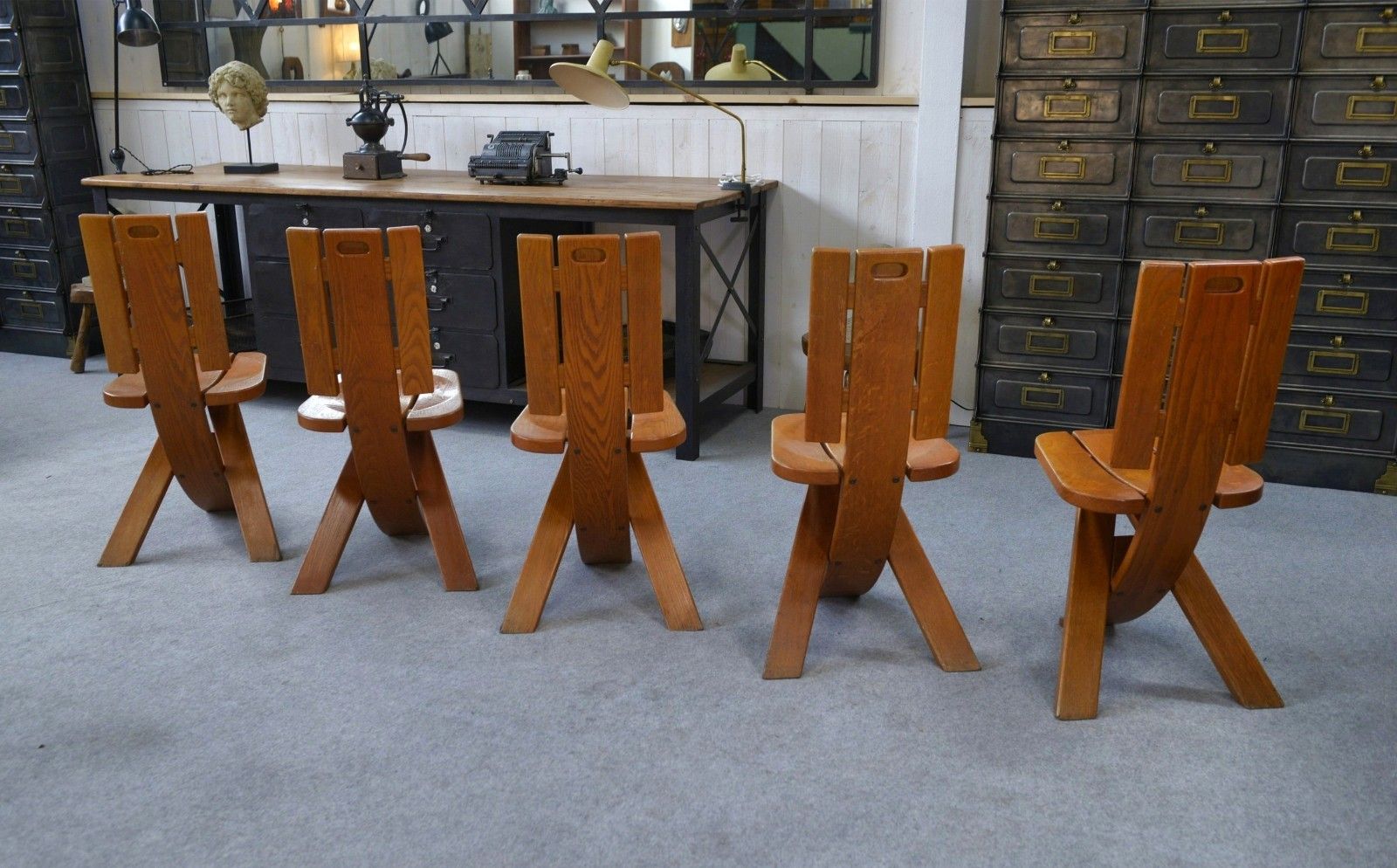 Furniture 1970's Seltz Manufacture Solid Oak Chair Set Of 5 photo