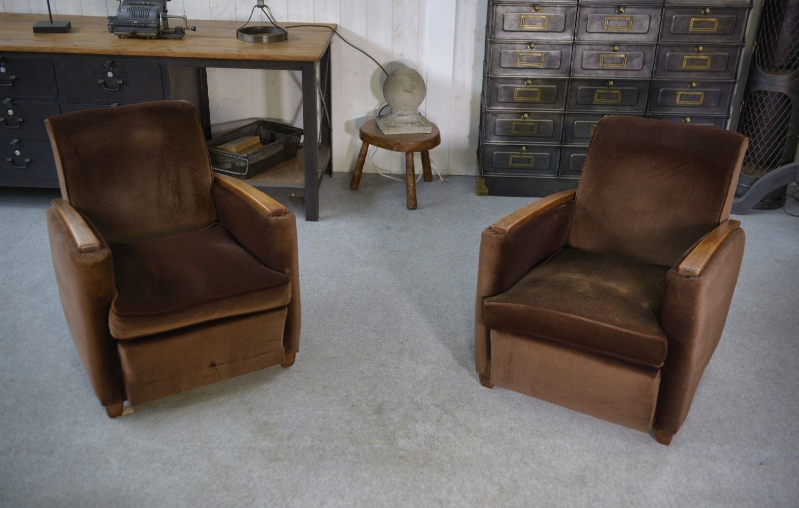 Pair Of Art Deco Velvet Club Armchairs In The Taste Of Jules Leleu 1930's