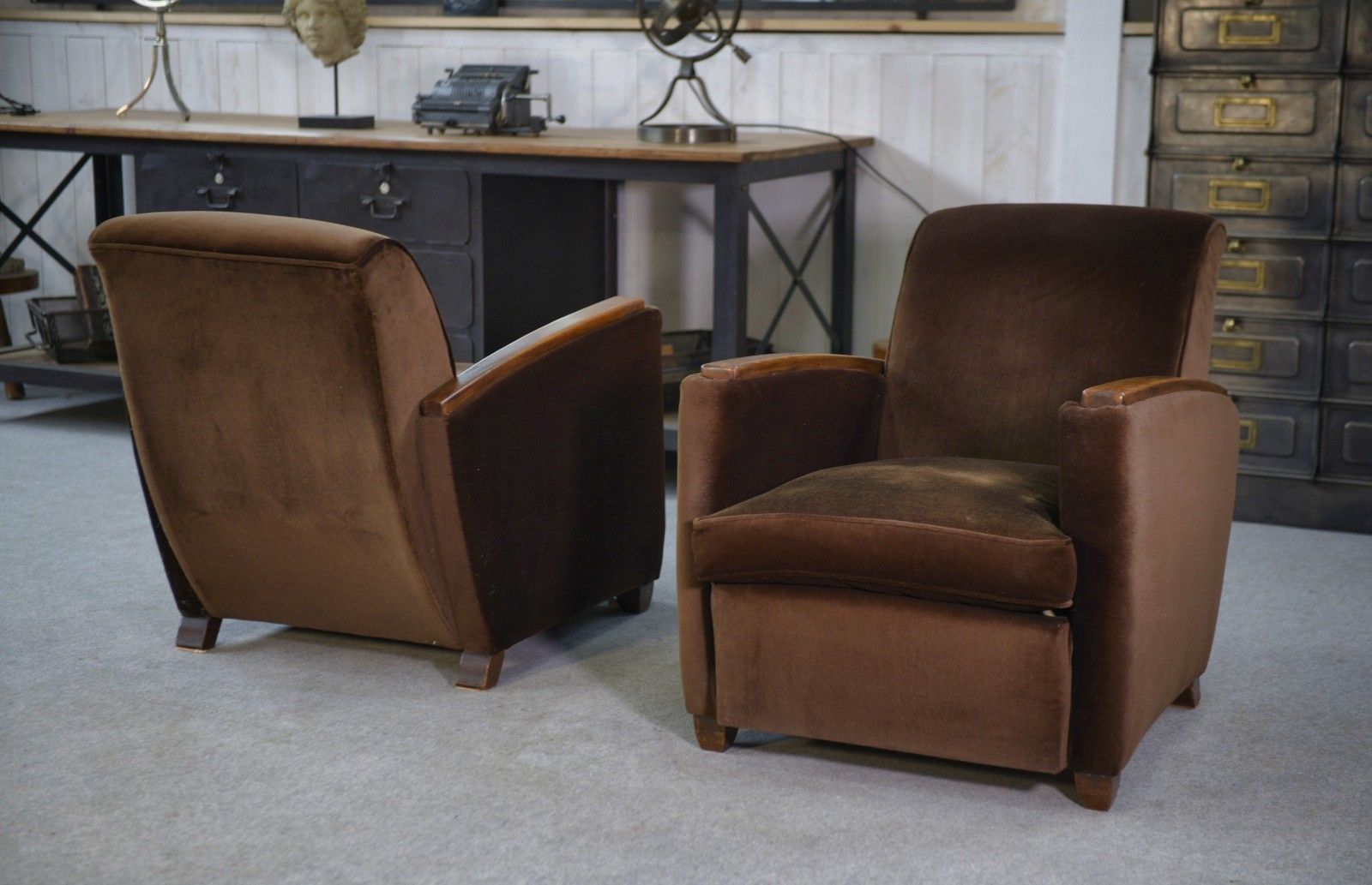 Pair Of Art Deco Velvet Club Armchairs In The Taste Of Jules Leleu 1930's photo for sale